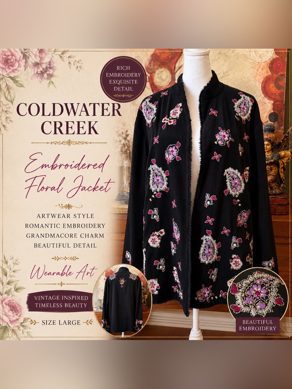 Coldwater Creek Black Embroidered Floral Open-Front Jacket Boho Cottagecore